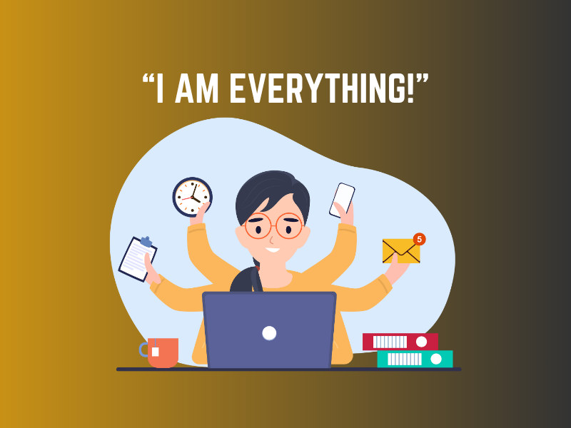 Person with multiple arms handling tasks like email, phone, clipboard, and clock, symbolizing multitasking overload