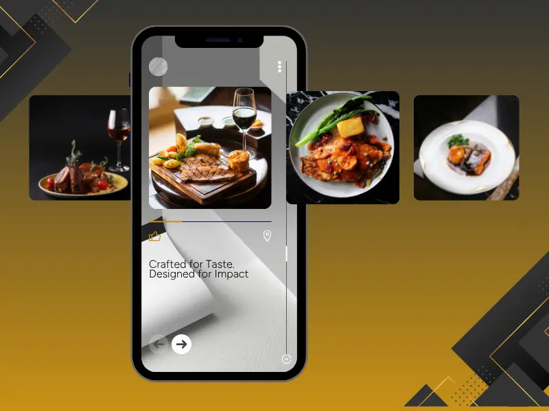Mobile phone displaying gourmet dishes and wine in a modern design layout, emphasizing fine dining and elegant presentation on a sleek interface