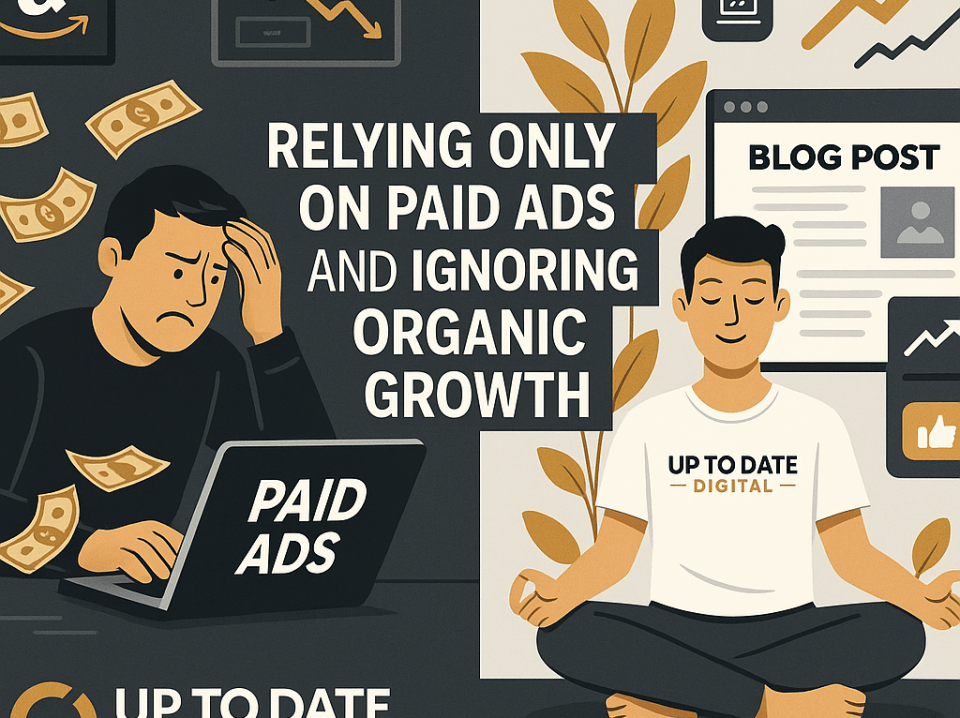 Split-screen digital illustration showing the contrast between a stressed man overwhelmed by paid ads and a calm creator building organic growth through content