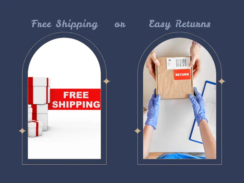 Split image with two arch frames: one side shows stacked boxes labeled “Free Shipping,” the other side shows a person handing back a return package labeled “Return,” with text above reading “Free Shipping or Easy Returns.”