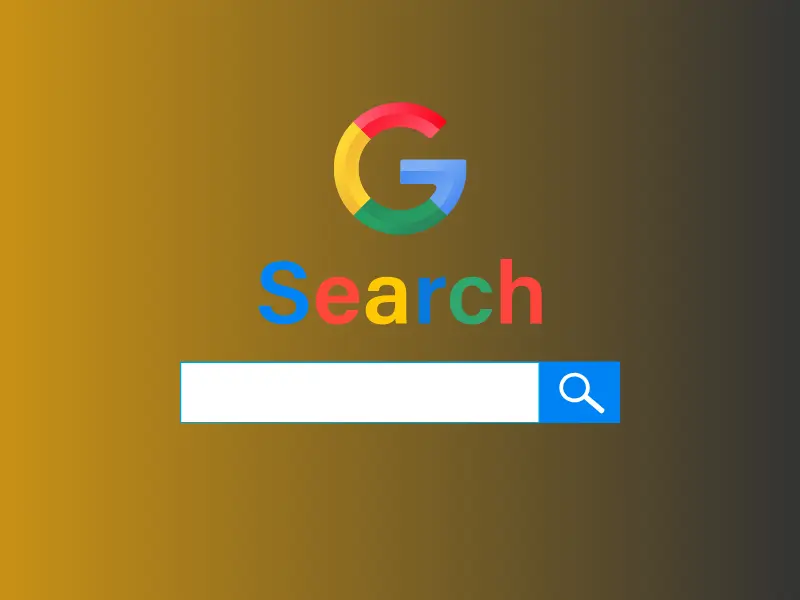 Google Search Console mockup with a colorful "Search" label and query bar, symbolizing website performance tracking