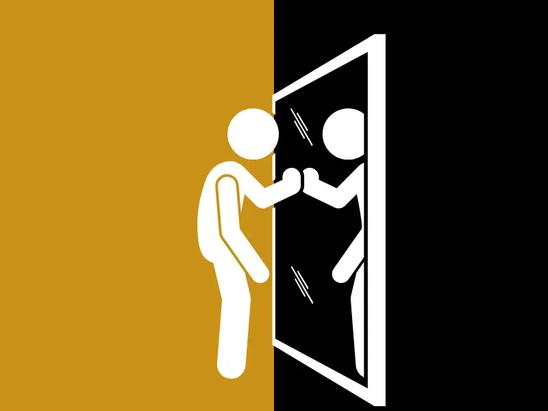 Minimalist illustration of a white stick figure facing its identical reflection in a mirror, divided by a gold and black background