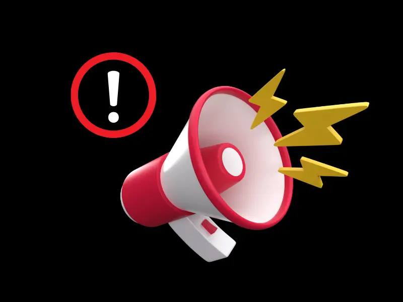 3D illustration of a red and white megaphone with yellow lightning bolts and a red exclamation mark on a black background