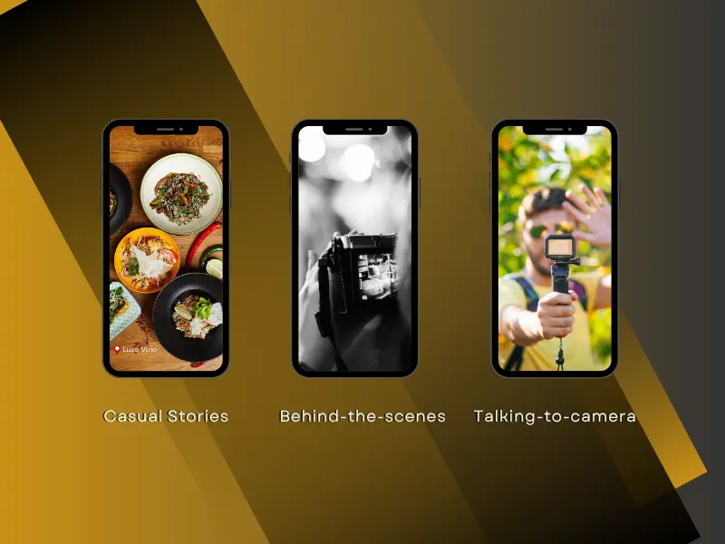 Casual story examples featuring food, BTS content, and creator vlogs for a social media playbook