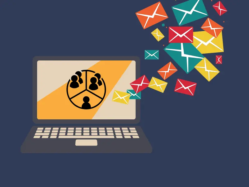 Illustration of a laptop screen displaying an audience segmentation chart, with colorful email icons flying outward, symbolizing targeted email campaigns
