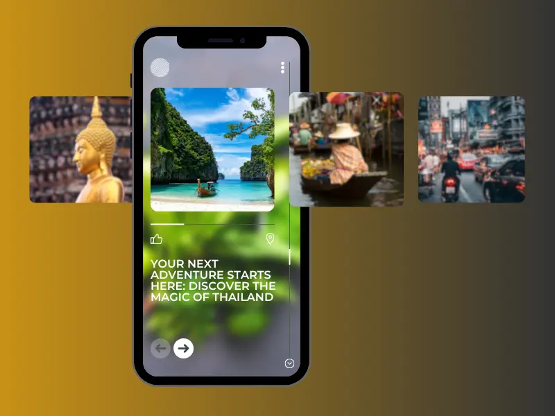 Travel story post on phone illustrating a story-driven caption example from the social media playbook