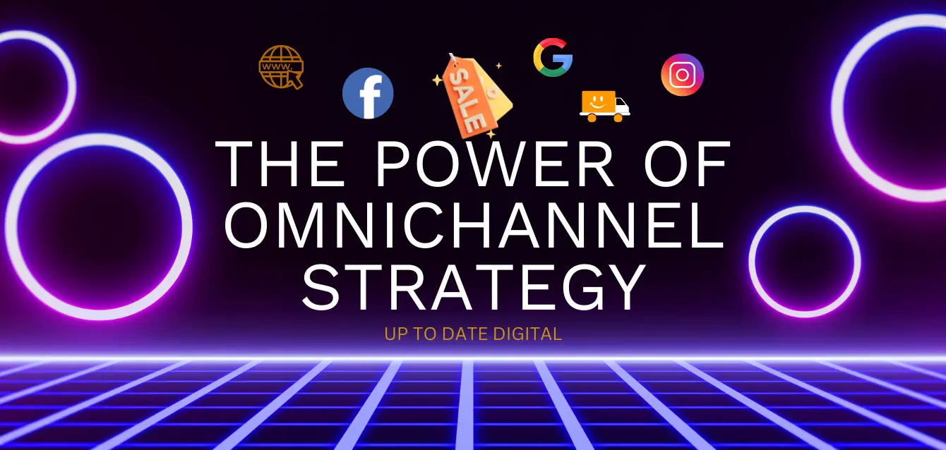 Neon digital graphic with icons for Amazon, Facebook, Google, Instagram, and e-commerce around the text “The Power of Omnichannel Strategy.”