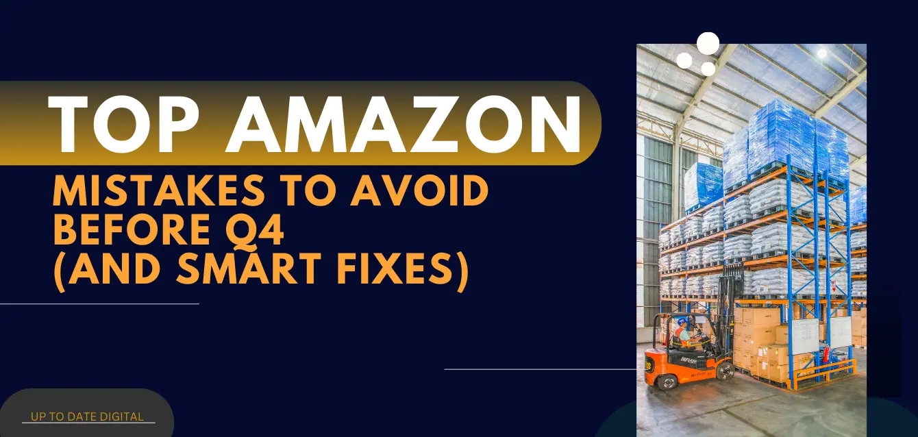 Graphic with text “Top Amazon Mistakes to Avoid Before Q4 (And Smart Fixes)” alongside a warehouse scene with stacked inventory pallets.