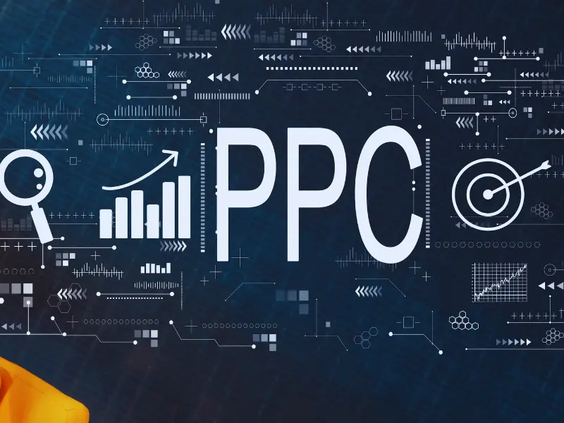 Digital graphic with the word “PPC” surrounded by charts, graphs, and targeting icons, representing Amazon product launch checklist PPC strategy.
